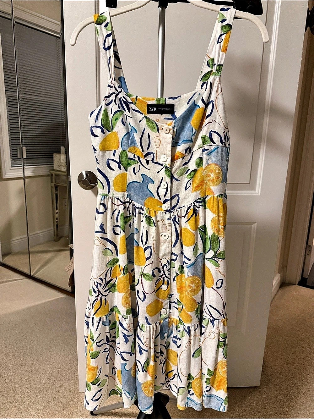 ZARA Lemon Print Linen Blend Midi Dress Floral Midi Dress in White & Yellow